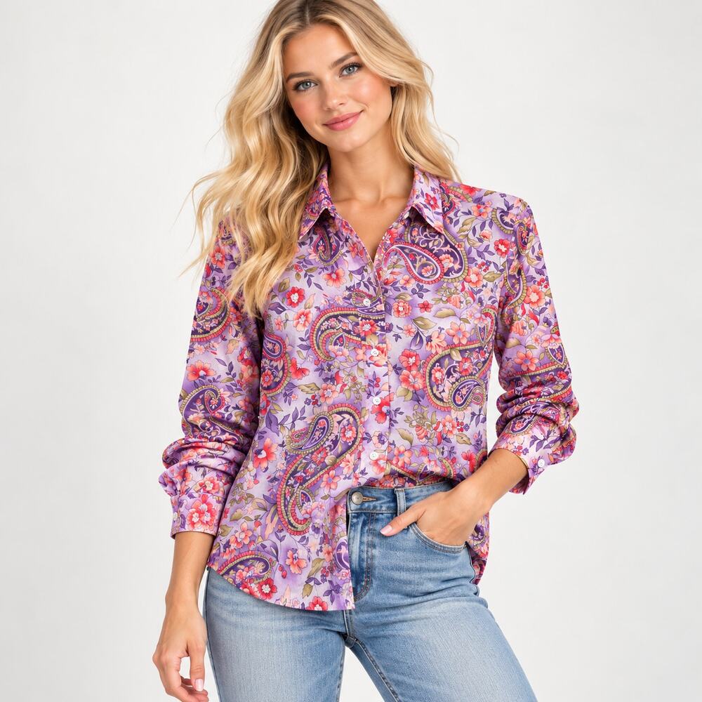 Talbots Button-Up Shirt Women's Size L Stretch Floral Paisley Boho Office Casual